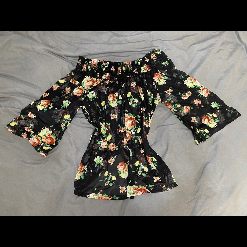 Gorgeous floral black sheer off the shoulder top!